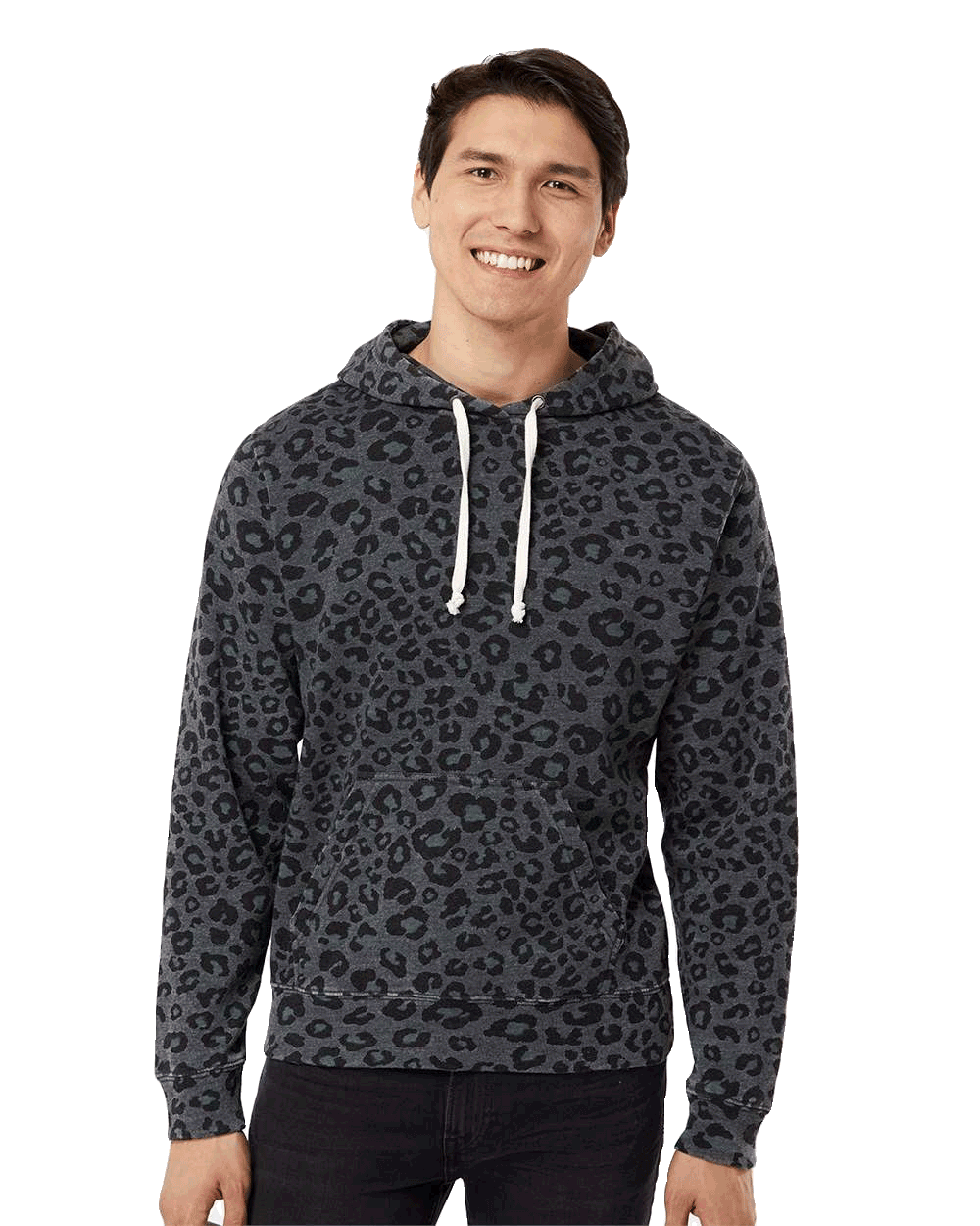 J America Charcoal leopard-print pullover hoodie with white drawstrings and kangaroo pocket, trendy blank fleece for custom screen-printed designs