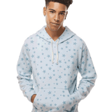 Young man in light-blue star print hoodie with drawstring hood and kangaroo pocket, casual streetwear style