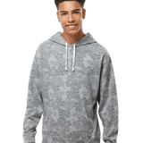 Men’s grey tonal tropical-floral fleece hoodie with white drawstrings and kangaroo pocket, soft pullover for casual streetwear