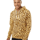 Men's camouflage fleece hoodie with realistic forest pattern, kangaroo pocket and white drawstrings, outdoor casual pullover