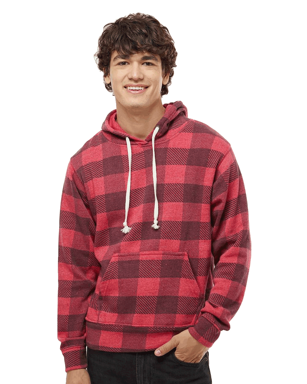 Men's red buffalo plaid fleece hoodie with kangaroo pocket and white drawstrings, casual winter pullover