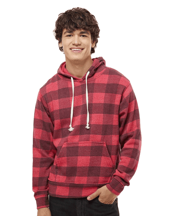 Men's red buffalo plaid fleece hoodie with kangaroo pocket and white drawstrings, casual winter pullover