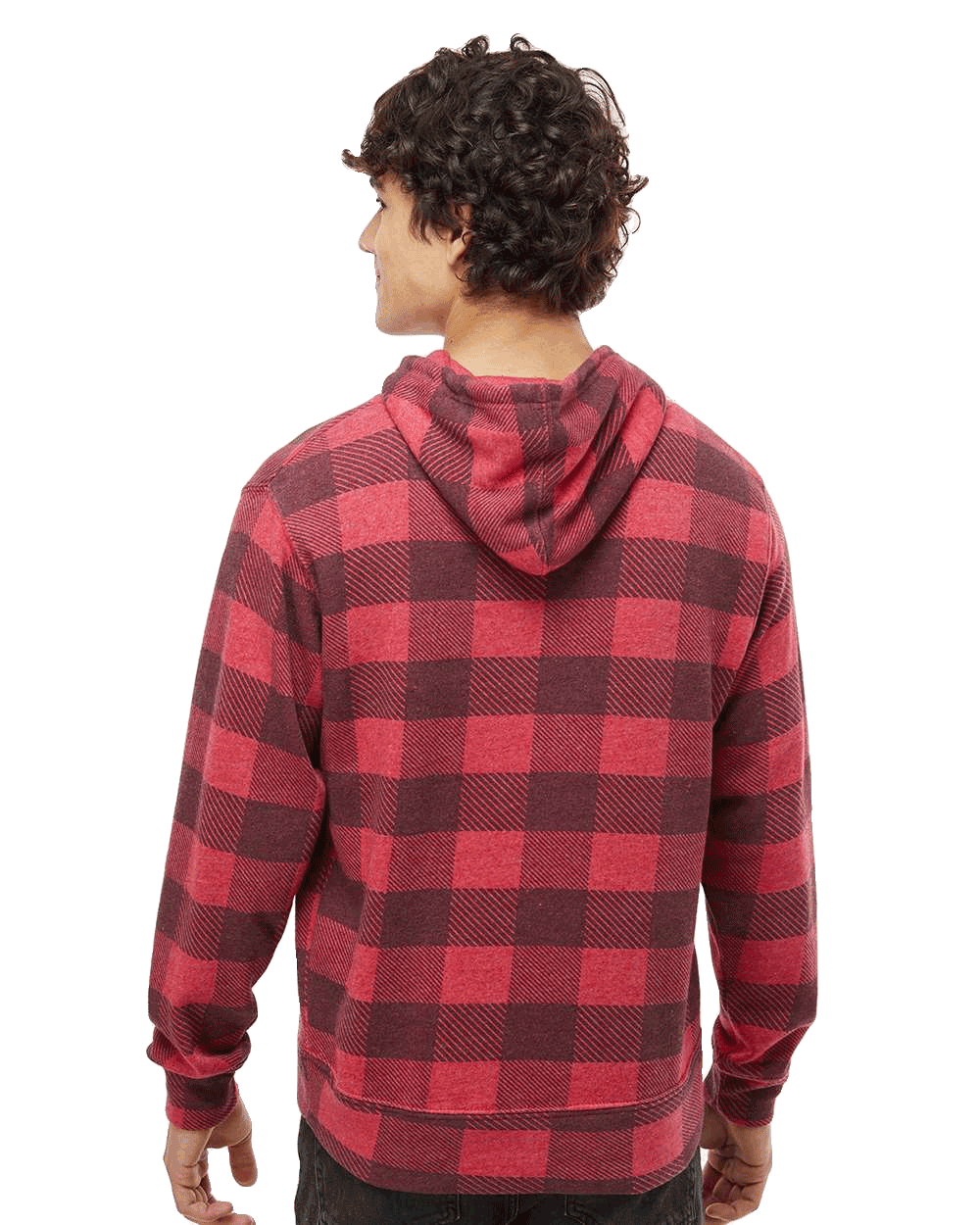 J America Back view of red and black buffalo plaid hoodie on male model, cozy fleece blank for custom printing