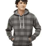 J America Charcoal plaid pullover hoodie on male model with white drawstrings and kangaroo pocket, cozy blank fleece for custom screen printing