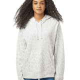 J America Subtle snow-leopard print pullover hoodie on female model, kangaroo pocket and drawstrings, blank fleece ready for custom apparel printing