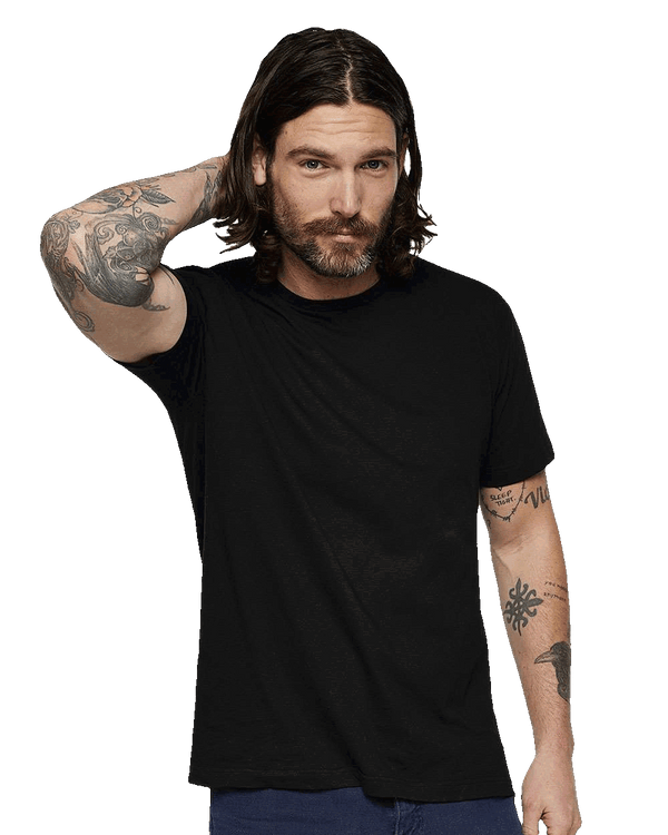 Model wearing LAT Fine Jersey Tee 6901 black t shirt perfect blank for custom printing personalized graphics or streetwear apparel