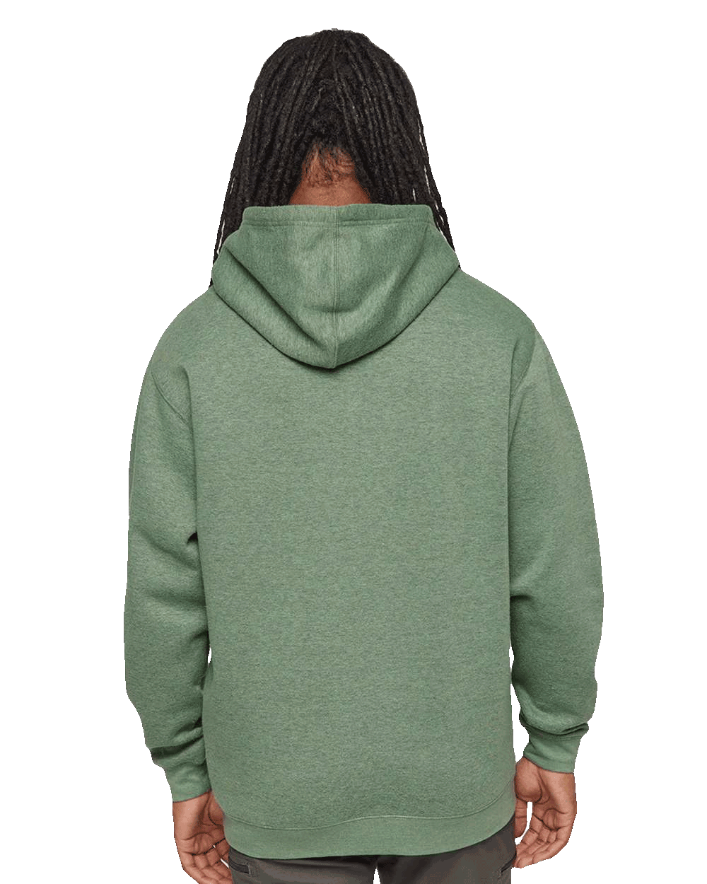 Rear view of a men’s heather green pullover hoodie with hood up, ideal for custom back prints or embroidery.