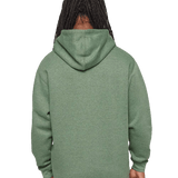 Rear view of a men’s heather green pullover hoodie with hood up, ideal for custom back prints or embroidery.