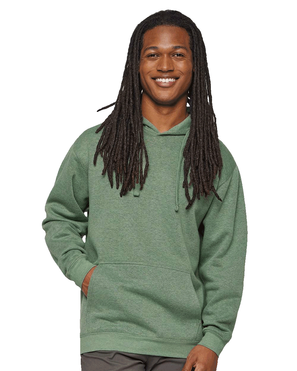Men’s heather green pullover hoodie featuring a relaxed fit, drawstrings, and front pouch pocket for custom apparel printing.