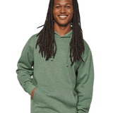 Men’s heather green pullover hoodie featuring a relaxed fit, drawstrings, and front pouch pocket for custom apparel printing.