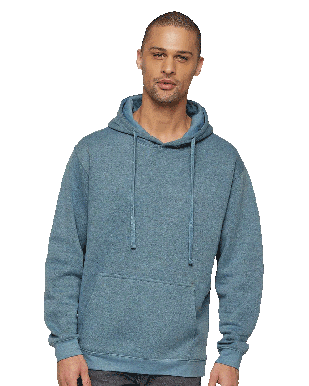 Men’s heather blue hoodie with drawstrings and kangaroo pocket, ideal for casual wear or custom printing designs.