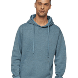 Men’s heather blue hoodie with drawstrings and kangaroo pocket, ideal for casual wear or custom printing designs.