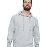 Man wearing light gray hoodie with drawstrings and front pocket, styled casually with a confident pose