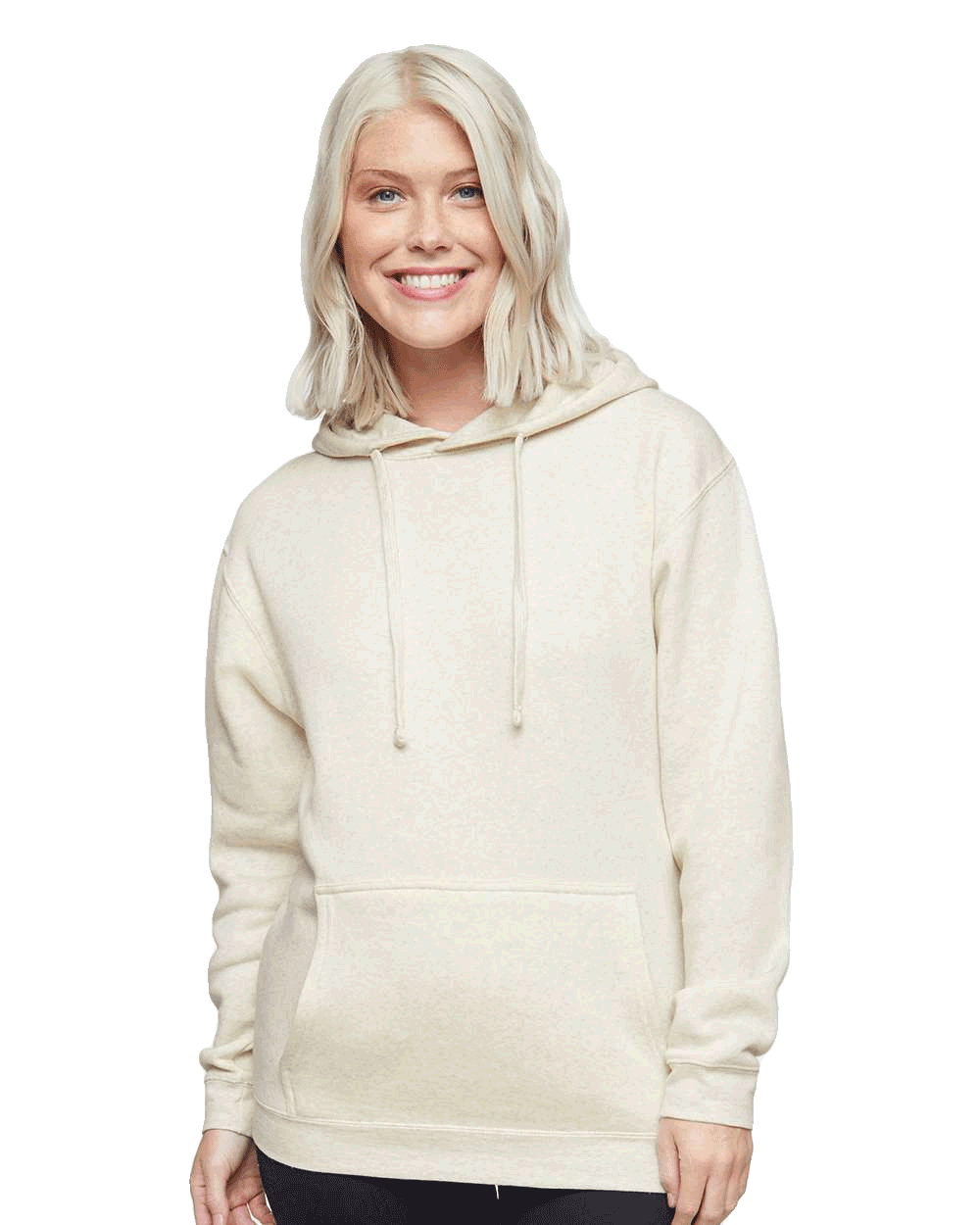 Woman wearing cream pullover hoodie with drawstrings and front pouch pocket, smiling at camera