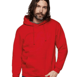 Man wearing bright red pullover hoodie with front pocket and drawstrings, standing against transparent background