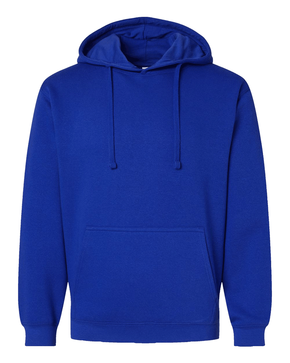 Royal blue pullover hoodie with front pocket and drawstring hood, displayed on transparent background