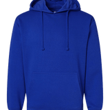 Royal blue pullover hoodie with front pocket and drawstring hood, displayed on transparent background