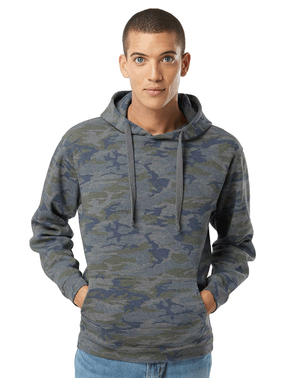 Stylish camo hoodie with drawstrings and front pouch pocket, perfect for casual streetwear and layering.