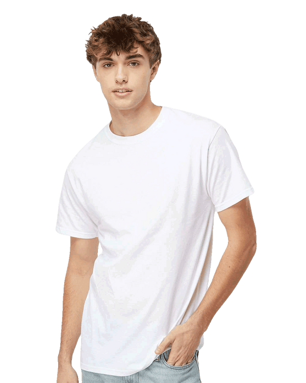 Young man wearing a white M&O Gold Soft Touch 4800 T-Shirt, casual unisex crewneck tee perfect for custom prints and everyday comfort