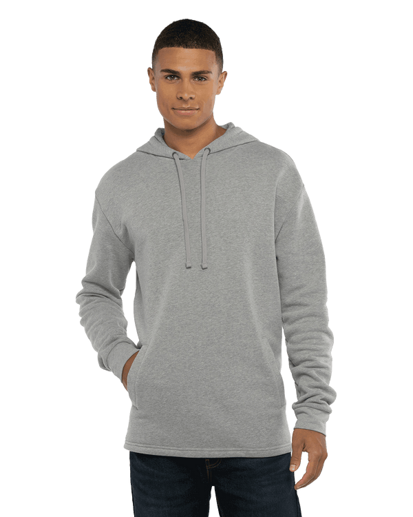 Man wearing a Next Level Apparel Adult PCH Pullover Hoodie in Heather Gray