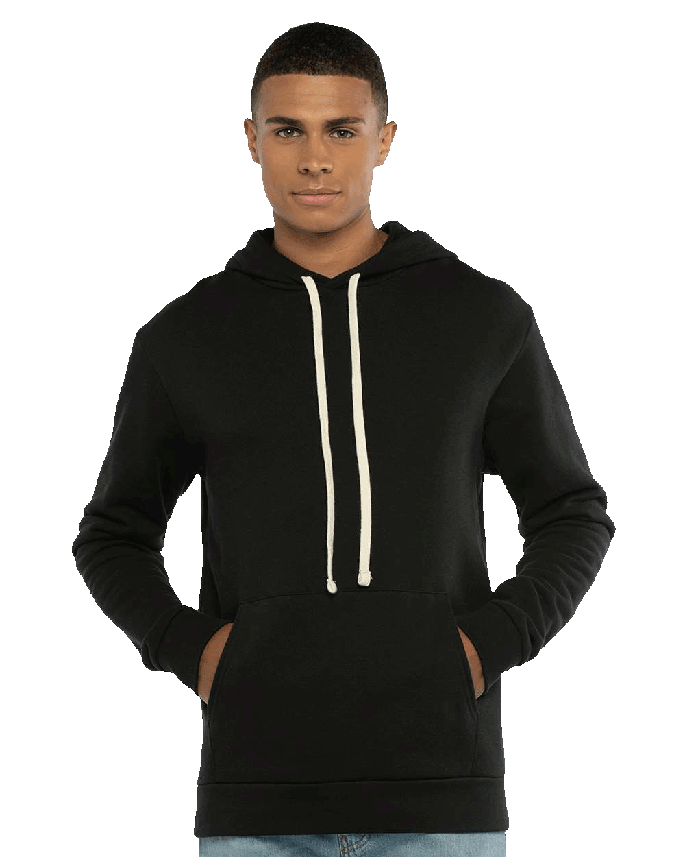 Man wearing a black pullover hoodie with white drawstrings and front pocket, hands in pouch, posing confidently