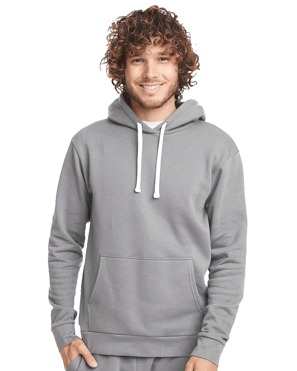 Man smiling in a light gray hoodie with white drawstrings and front pocket against a transparent background
