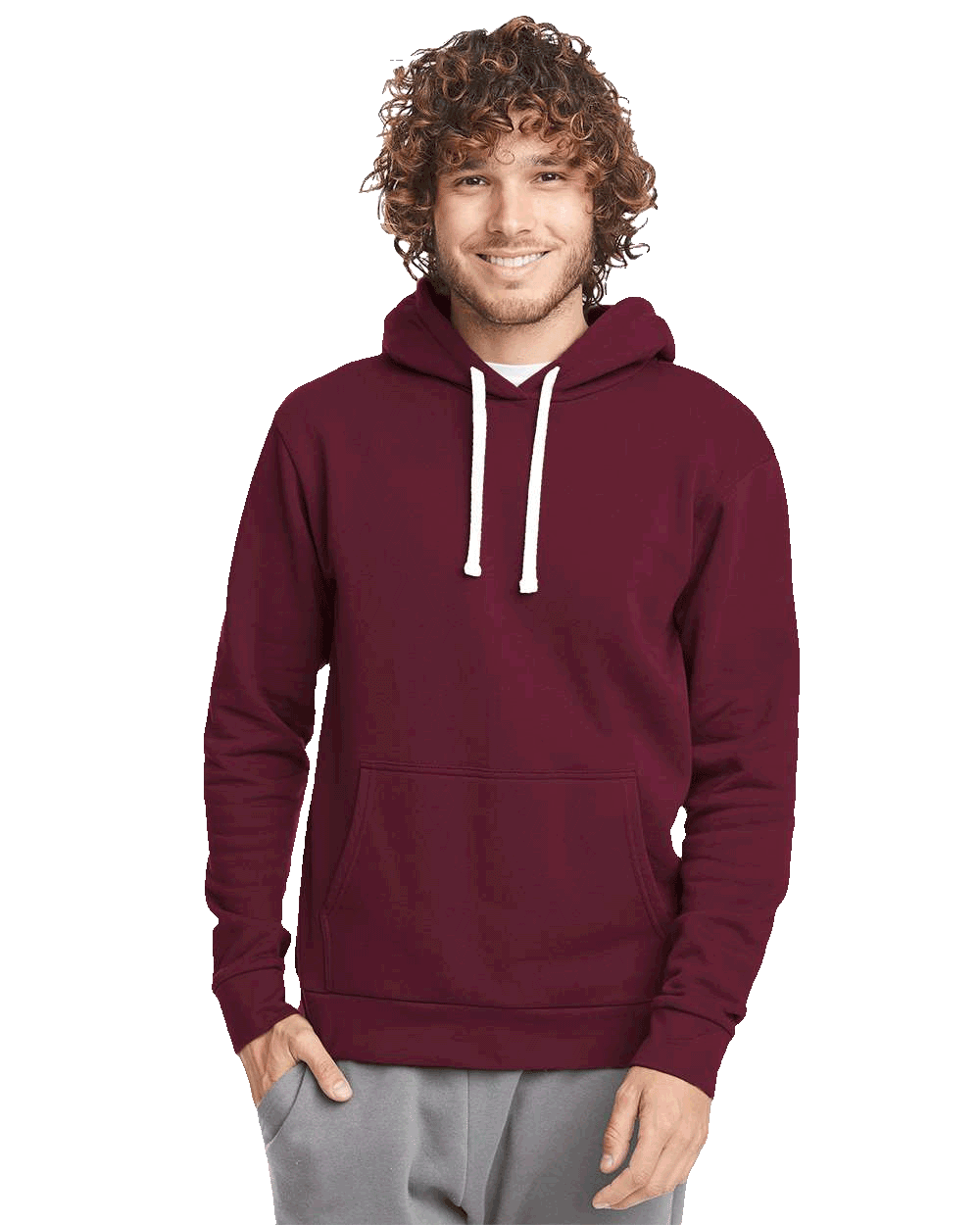 Man wearing a maroon hoodie with white drawstrings and a front pouch pocket, smiling at the camera.