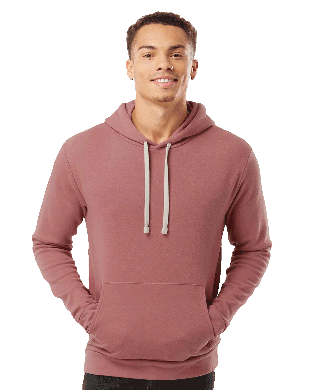 Smiling man wearing a dusty rose hoodie with white drawstrings and a front pouch pocket.