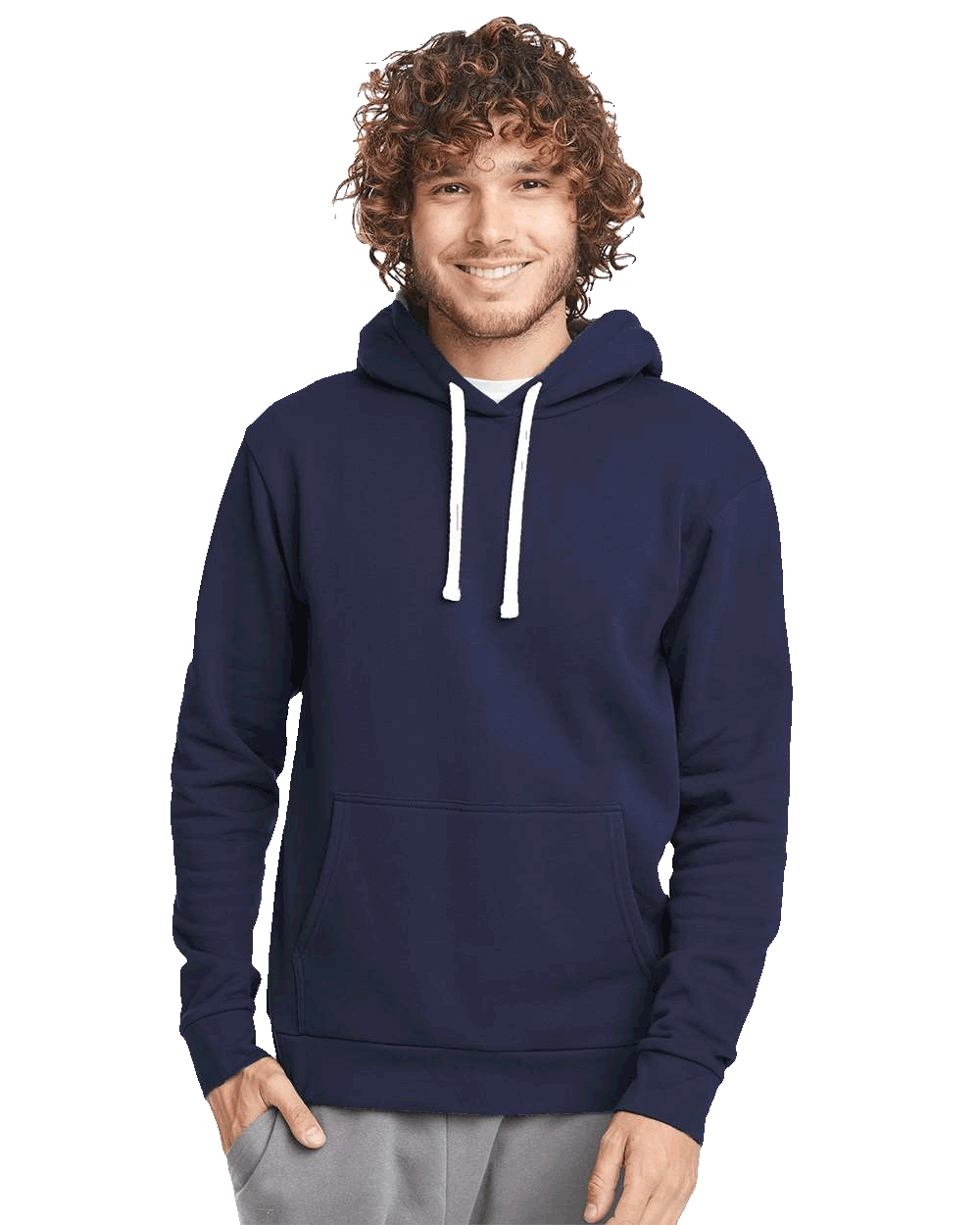 Man smiling in navy blue hoodie with white drawstrings and front pocket, paired with light gray sweatpants