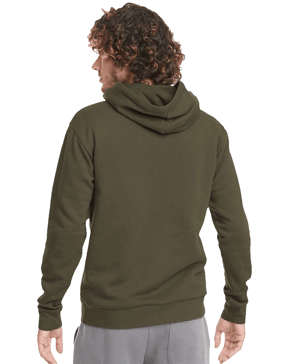 Back view of man wearing olive green hoodie with hood up and ribbed hem, paired with light gray pants