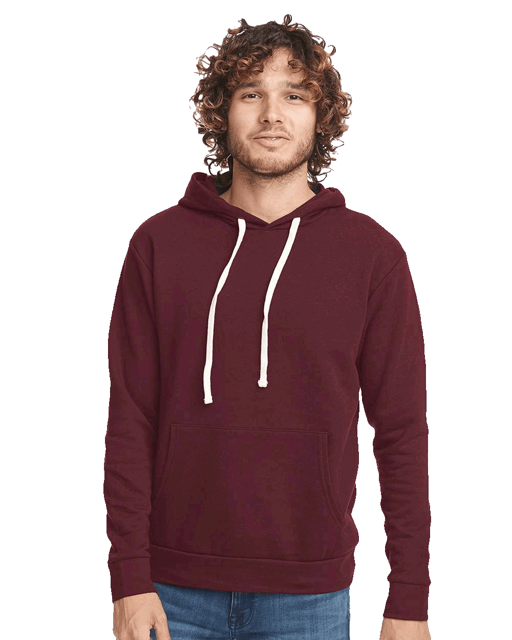 Man wearing maroon hoodie with white drawstrings and front pouch, styled with casual blue jeans