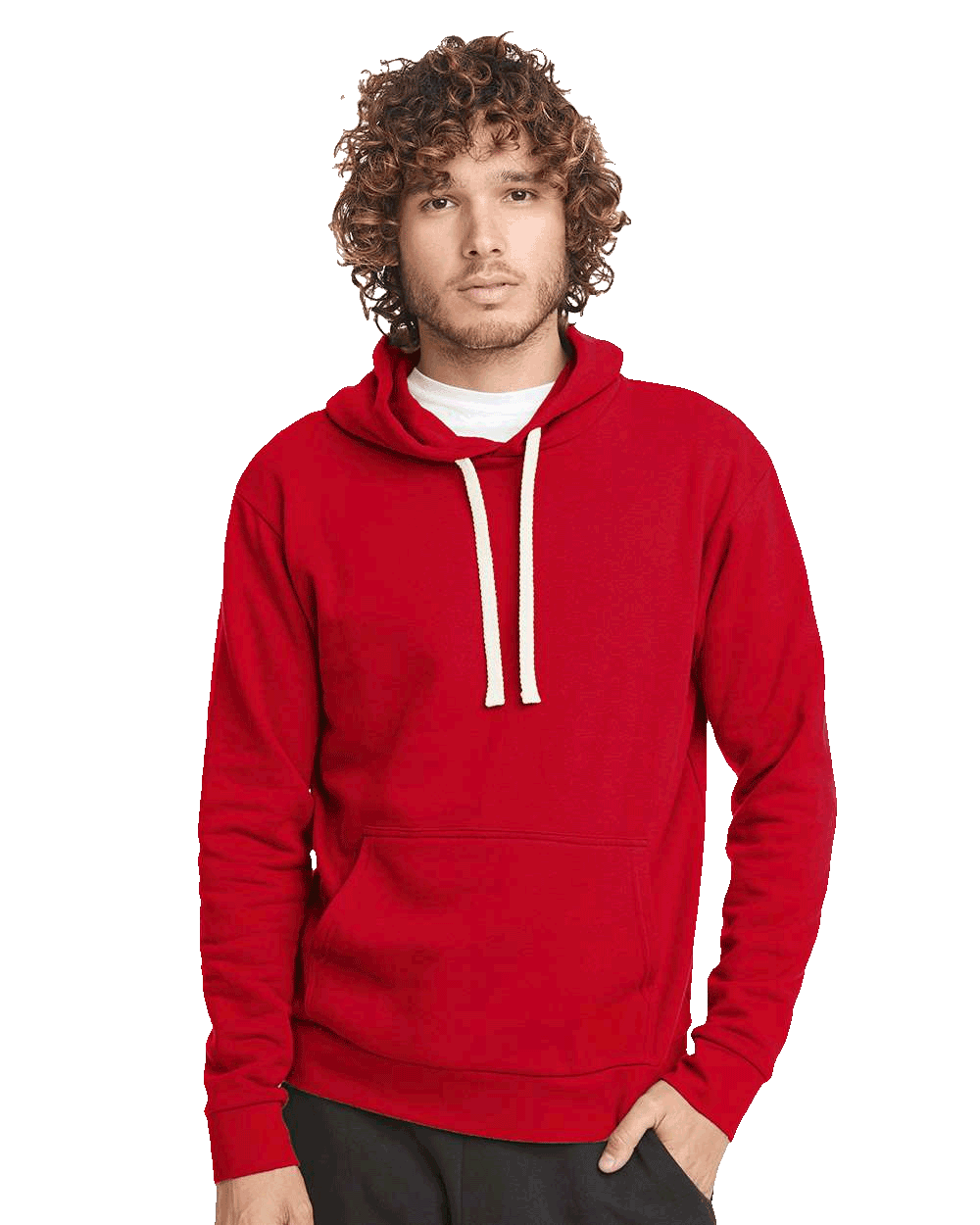 Man in vibrant red hoodie with white drawstrings and front pocket, standing confidently.