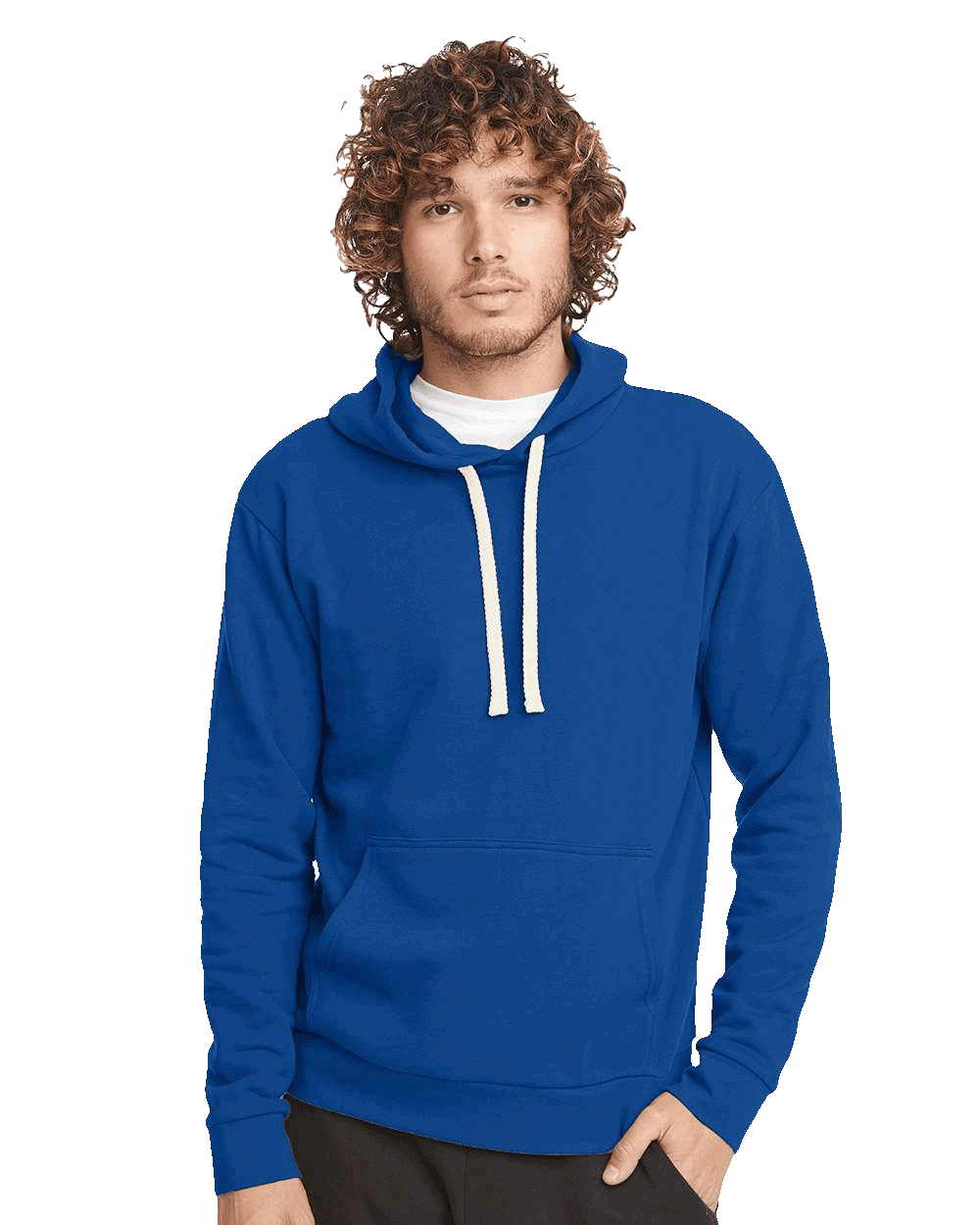 Man in royal blue hoodie with white drawstrings and front pocket, posing with relaxed expression