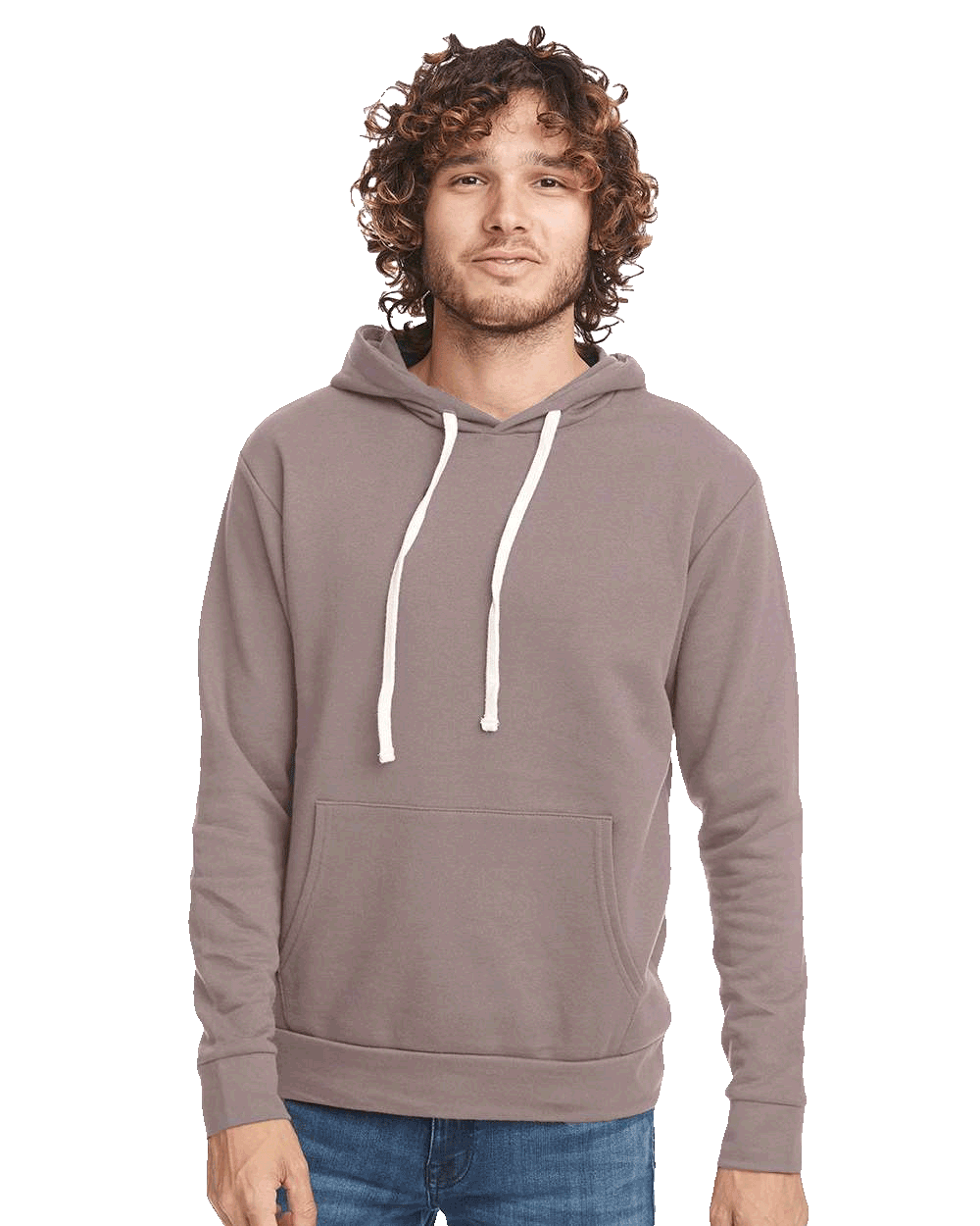 Man in muted taupe hoodie with white drawstrings and front pocket, standing casually with a slight smile