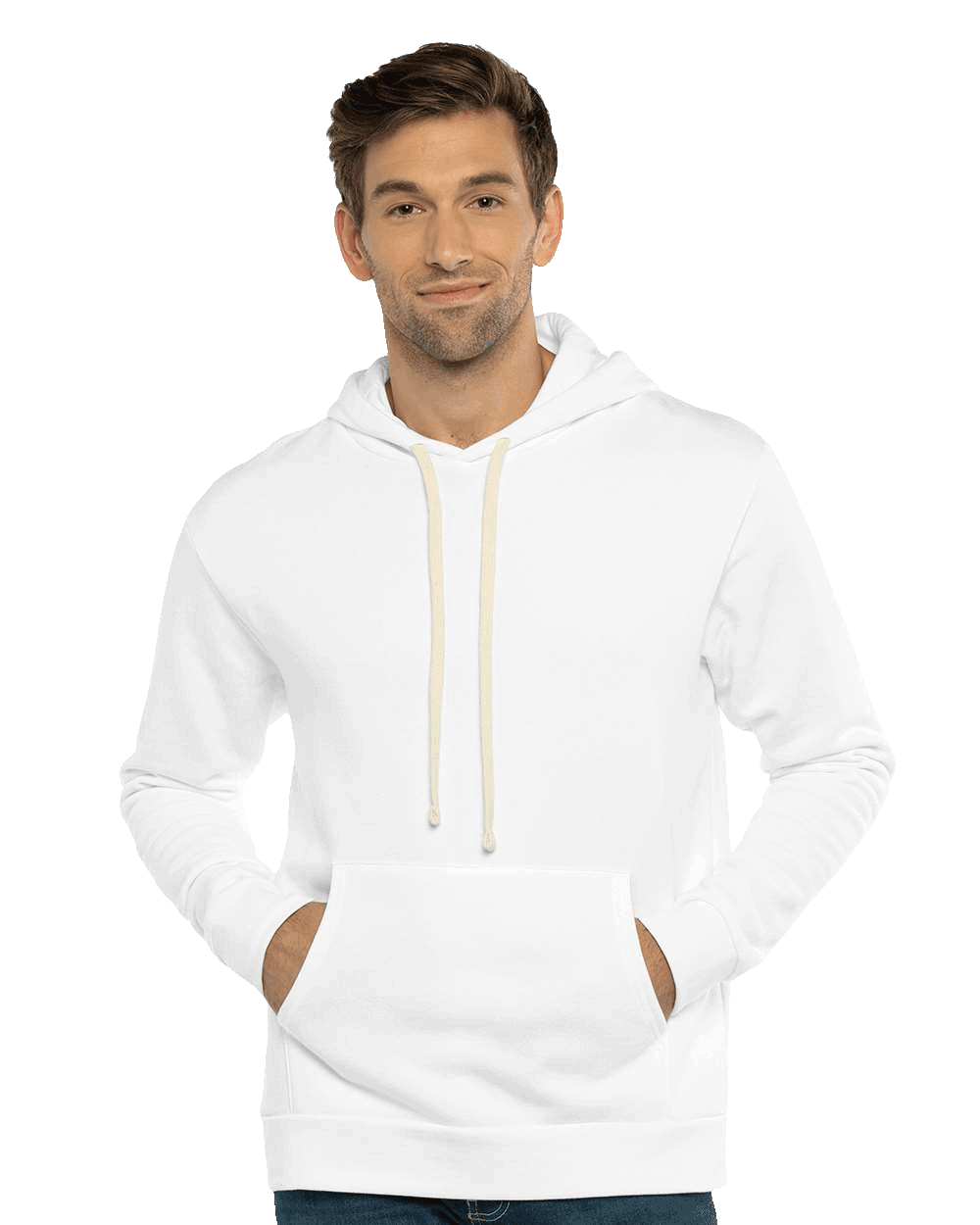 Man in plain white hoodie with cream drawstrings and front pouch pocket, hands in pockets and smiling slightly