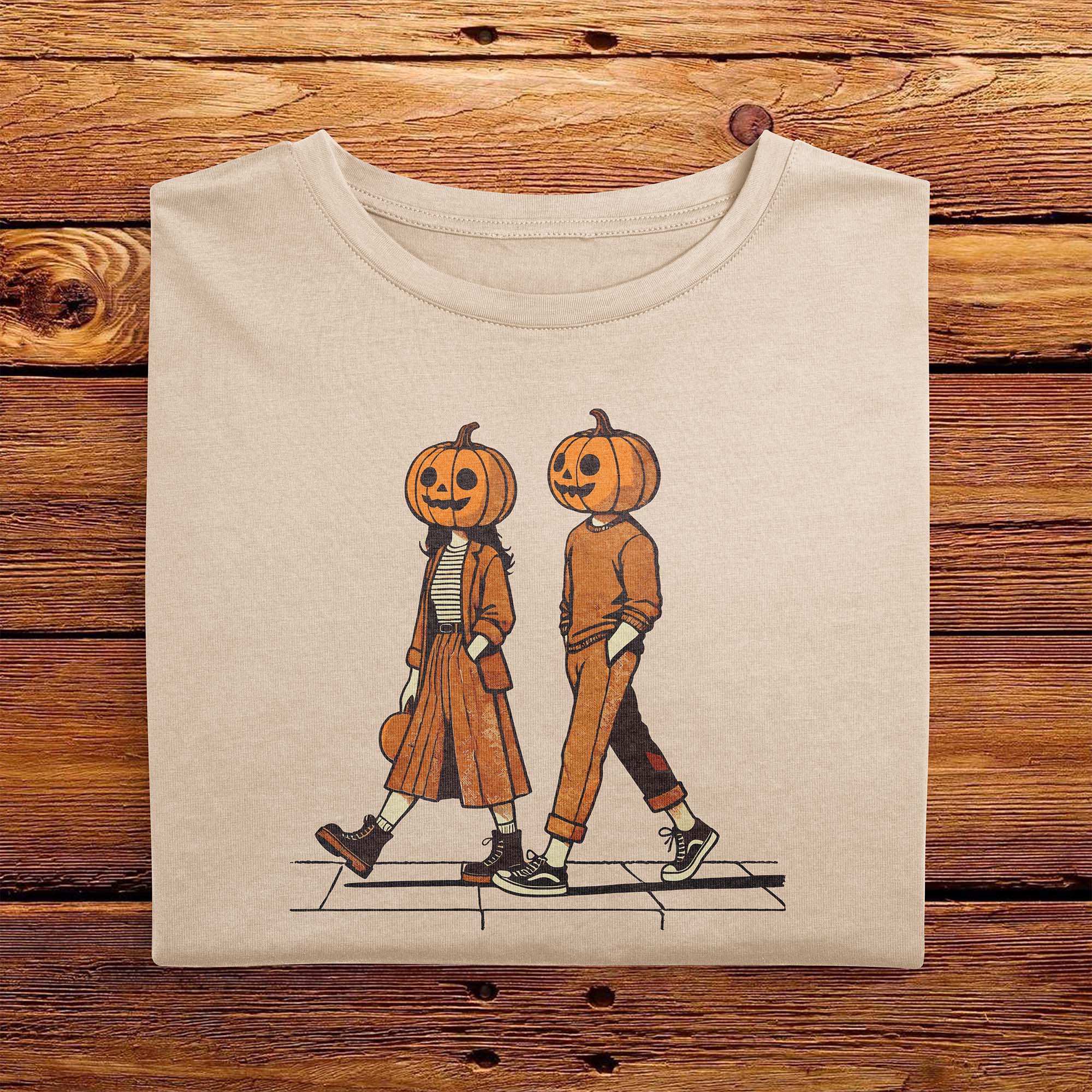 A folded vintage Comfort Colors Tshirt in Ivory White color, laying on a wooden table. The retro design features a cute couple walking together on a sidewalk, both wearing matching smiling jack-o-lanterns on their heads. Autumn Fall Vibes.