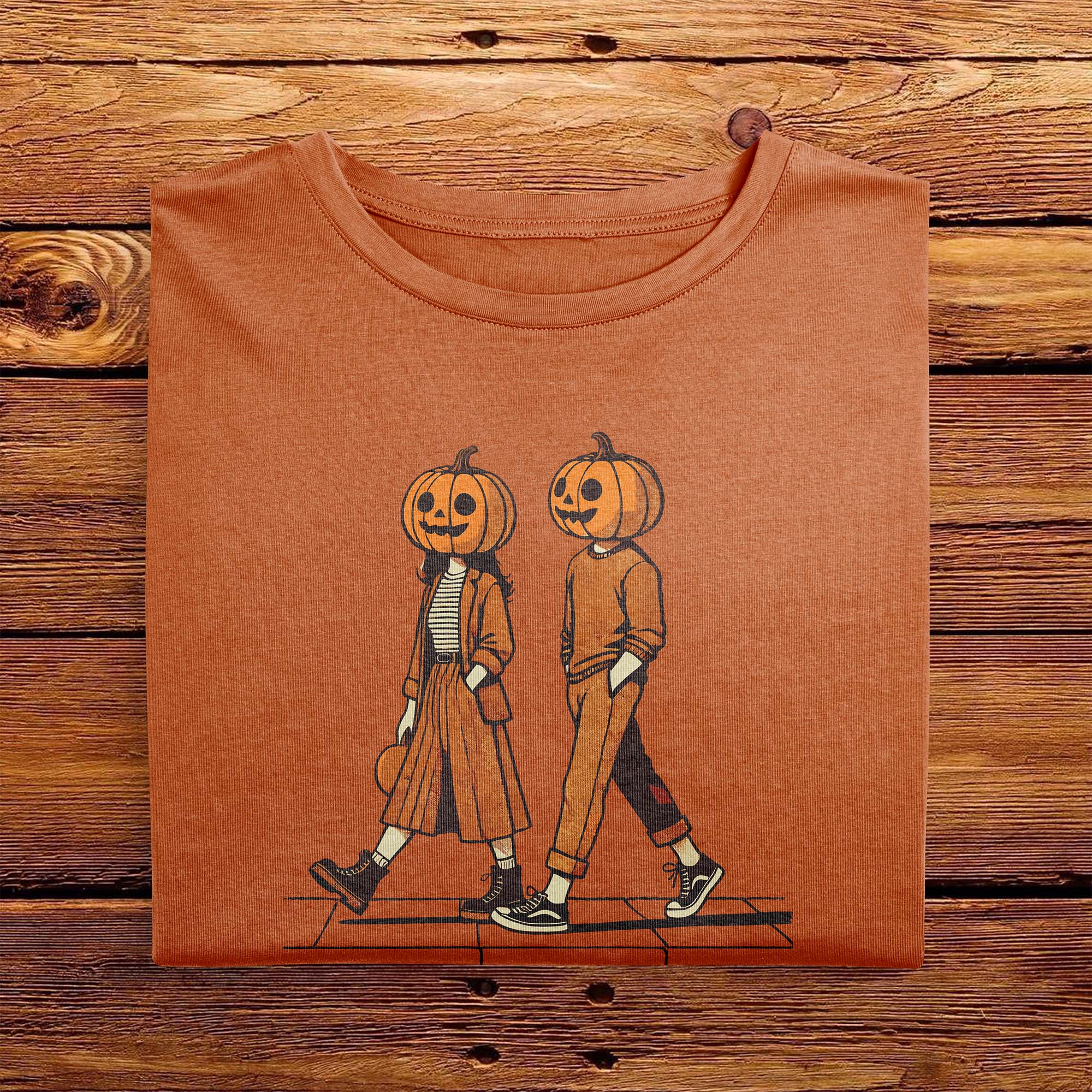 A folded vintage Comfort Colors Tshirt in Yam Orange color, laying on a wooden table. The retro design features a cute couple walking together on a sidewalk, both wearing matching smiling jack-o-lanterns on their heads. Autumn Fall Vibes.