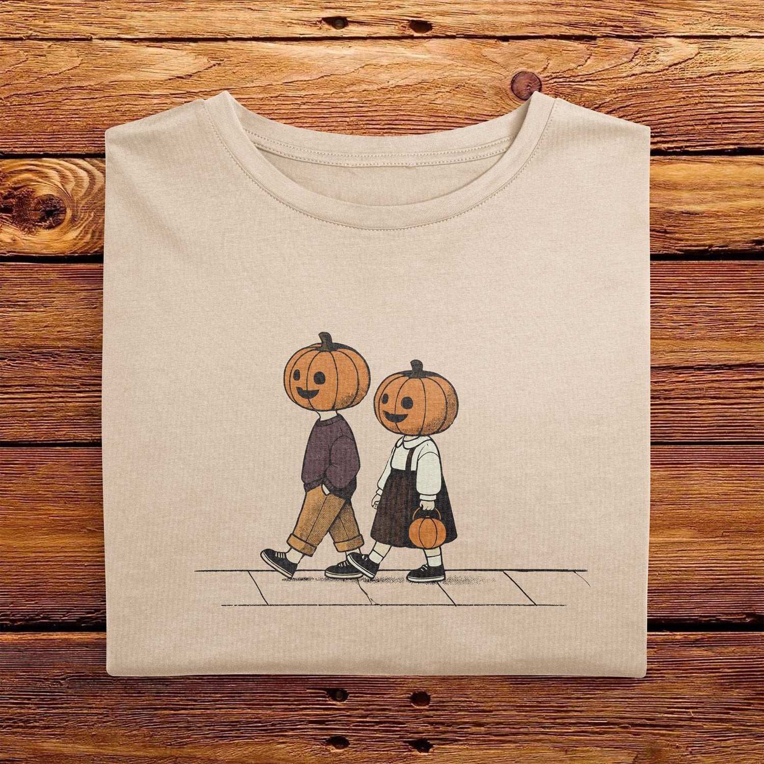 A folded Comfort Colors Tshirt in Ivory White color, laying on a wooden table. The vintage design shows two young kids, a boy and a girl wearing fall apparel and pumpkins on their heads, strolling down a sidewalk