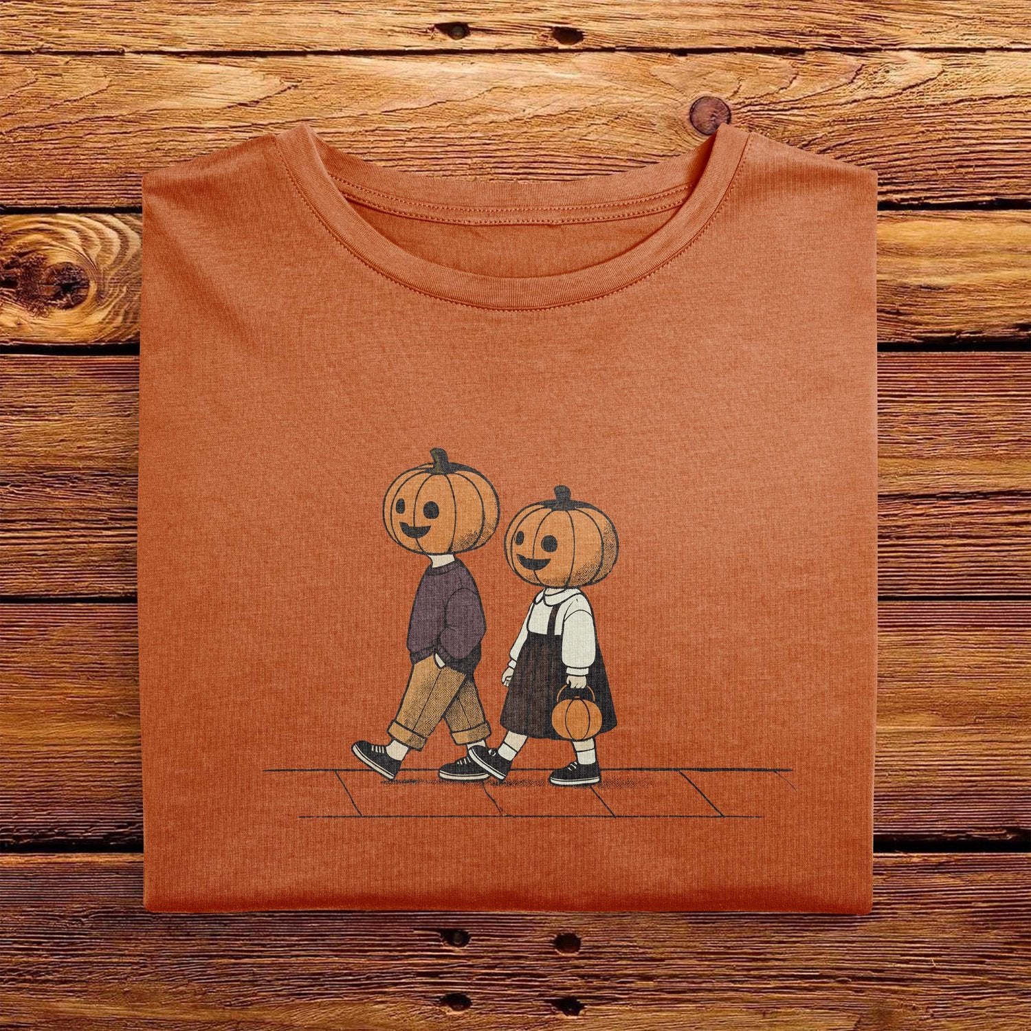 A folded Comfort Colors Tshirt in Yam Orange color, laying on a wooden table. The vintage design shows two young kids, a boy and a girl wearing fall apparel and pumpkins on their heads, strolling down a sidewalk