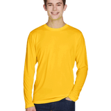 Man wearing a Team 365 Men's Zone Performance Long-Sleeve T-Shirt in Sport Athletic Gold.