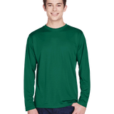 Man wearing a Team 365 Men's Zone Performance Long-Sleeve T-Shirt in Sport Forest.