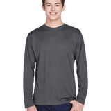 Man wearing a Team 365 Men's Zone Performance Long-Sleeve T-Shirt in Sport Graphite.