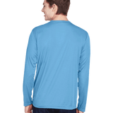 Man wearing a Team 365 Men's Zone Performance Long-Sleeve T-Shirt in Sport Light Blue.