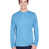 Man wearing a Team 365 Men's Zone Performance Long-Sleeve T-Shirt in Sport Light Blue.