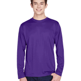 Man wearing a Team 365 Men's Zone Performance Long-Sleeve T-Shirt in Sport Purple.
