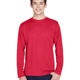 Man wearing a Team 365 Men's Zone Performance Long-Sleeve T-Shirt in Sport Red.
