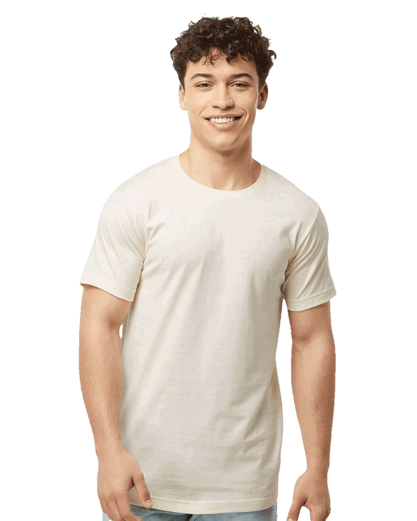 Smiling young man wearing a Natural Tultex Fine Jersey 202 T-shirt, premium soft crewneck unisex tee perfect for casual wear and custom printing