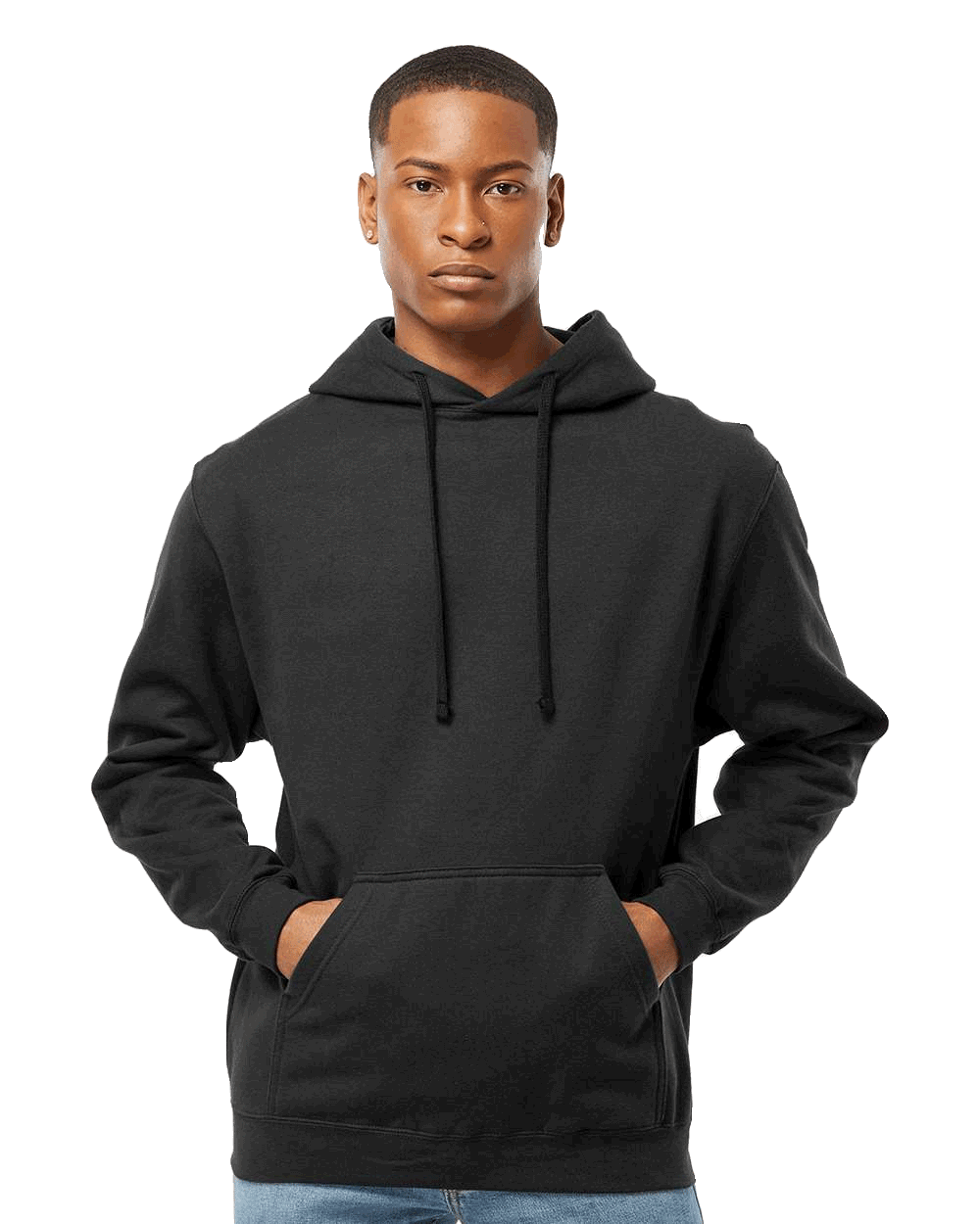 Tultex Plain black pullover hoodie on male model, kangaroo pocket and matching drawstrings, blank canvas for custom print designs