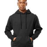 Tultex Plain black pullover hoodie on male model, kangaroo pocket and matching drawstrings, blank canvas for custom print designs
