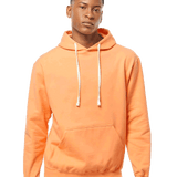 Tultex Blank peach pullover hoodie on male model, kangaroo pocket and white drawstrings, ideal for custom apparel printing